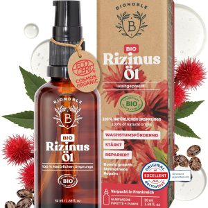 Bionoble Organic Castor Oil. 50 ml. 100% Pure. Natural and Cold Pressed. for Eyelashes. Eyebrows. Hair. Beard. Nails. Vegan and Cruelty-Free. Glass Bottle + Pipette + Pump